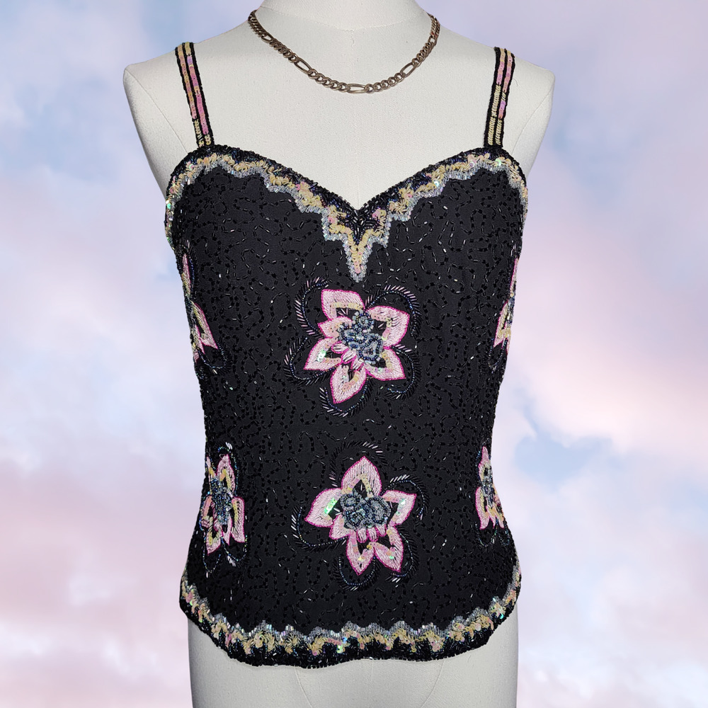 Vtg Y2k Beaded Fairy Formal Floral Black Pink Spaghetti Strap Corset Tank Top - Picture 2 of 9